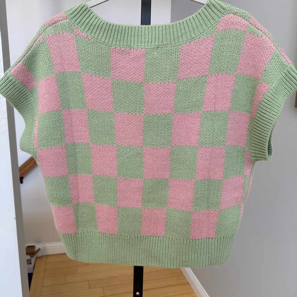 Altar’d State Pink and Green Checkered Knit Sweater Vest, Size Small - Picture 3 of 4